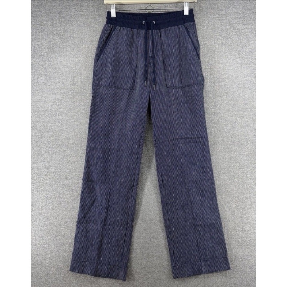 Athleta Pinstripe Wide Leg Pants Womens 4 Blue 100% Linen Coastal Drawstrings